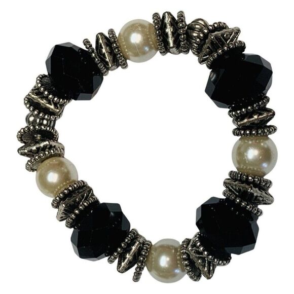 Vintage Elegant White Faux Pearl Black Sparkly Crystal Necklace Bracelet Set - Picture 2 of 7